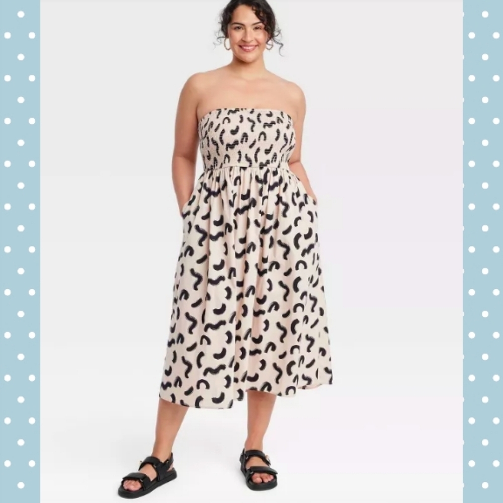 A New Day Strapless Smocked Midi Dress Brush Stroke Print